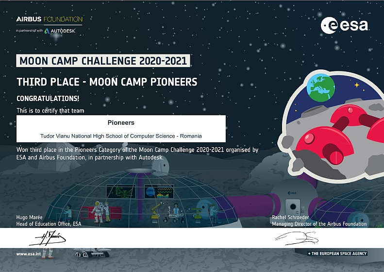 O echipă de elevi de la a 9-a D distinsă cu Premiul al III-lea la Moon Camp (ESA)